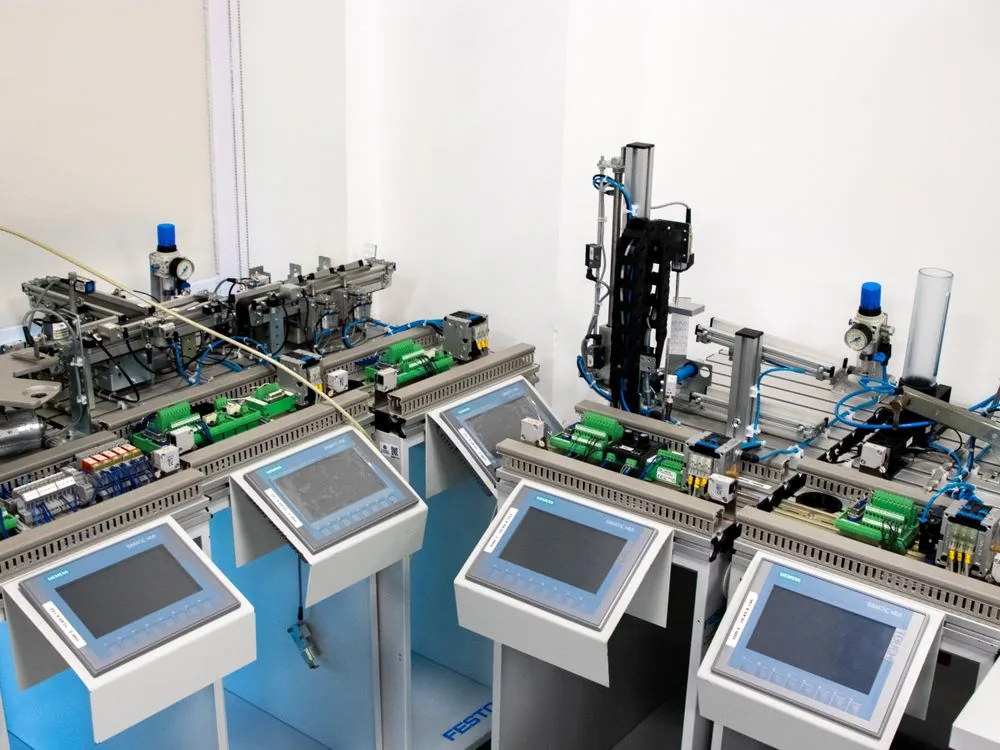 Industrial automation control panel with wiring and operator controls