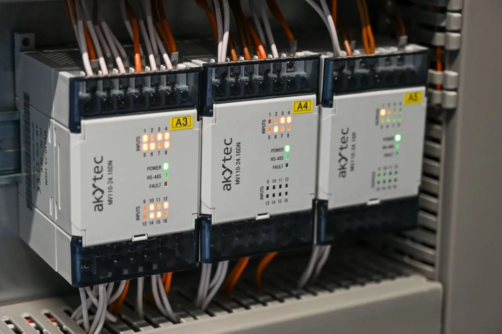 Industrial control box with wiring and illuminated control components